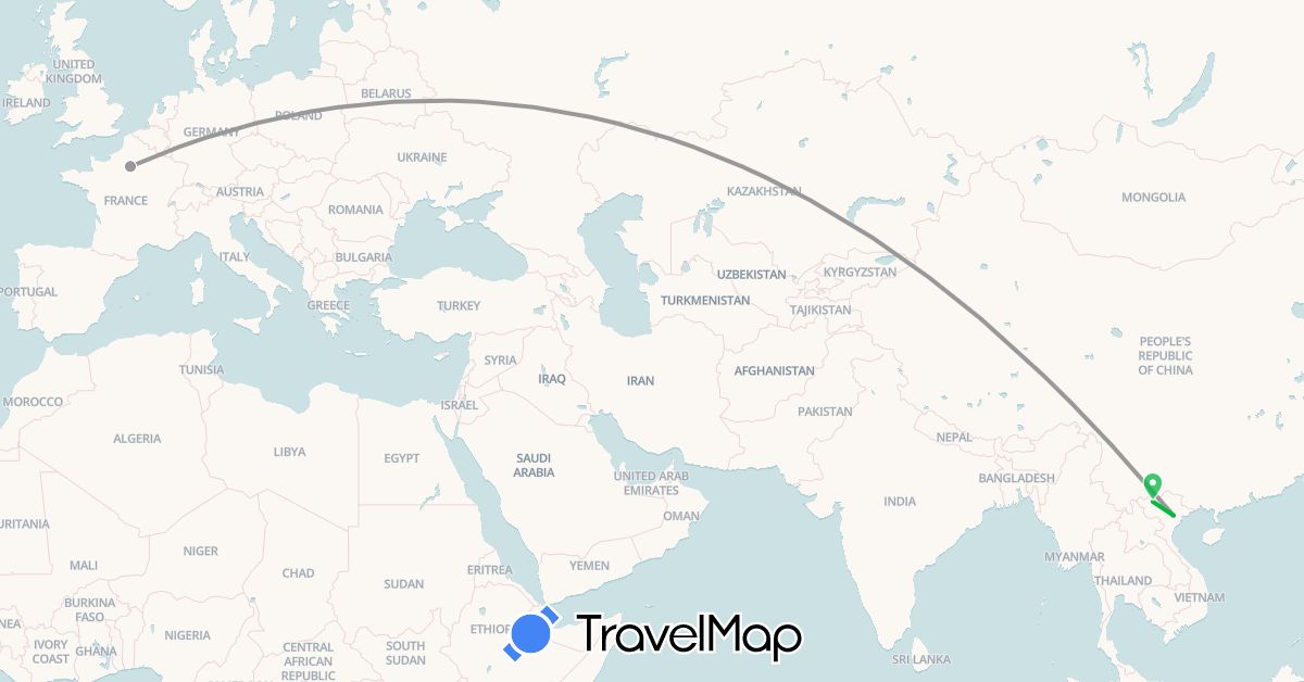 TravelMap itinerary: driving, bus, plane in France, Vietnam (Asia, Europe)